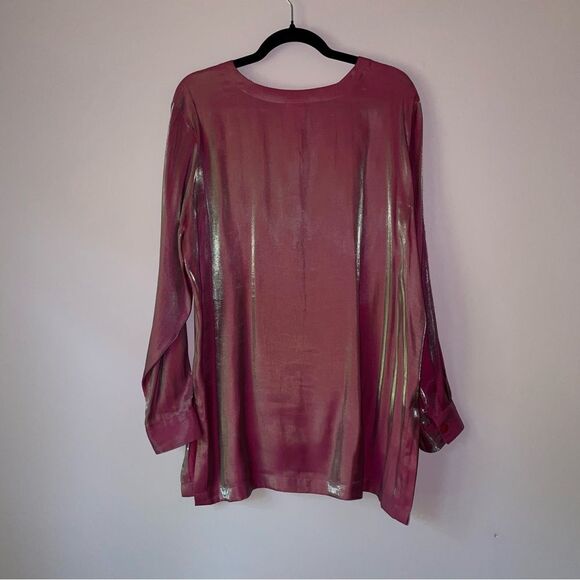 Avon L Blouse Pink Two Tone Dhoop Chao Shimmer Long Sleeve Button Collarless - Picture 9 of 12